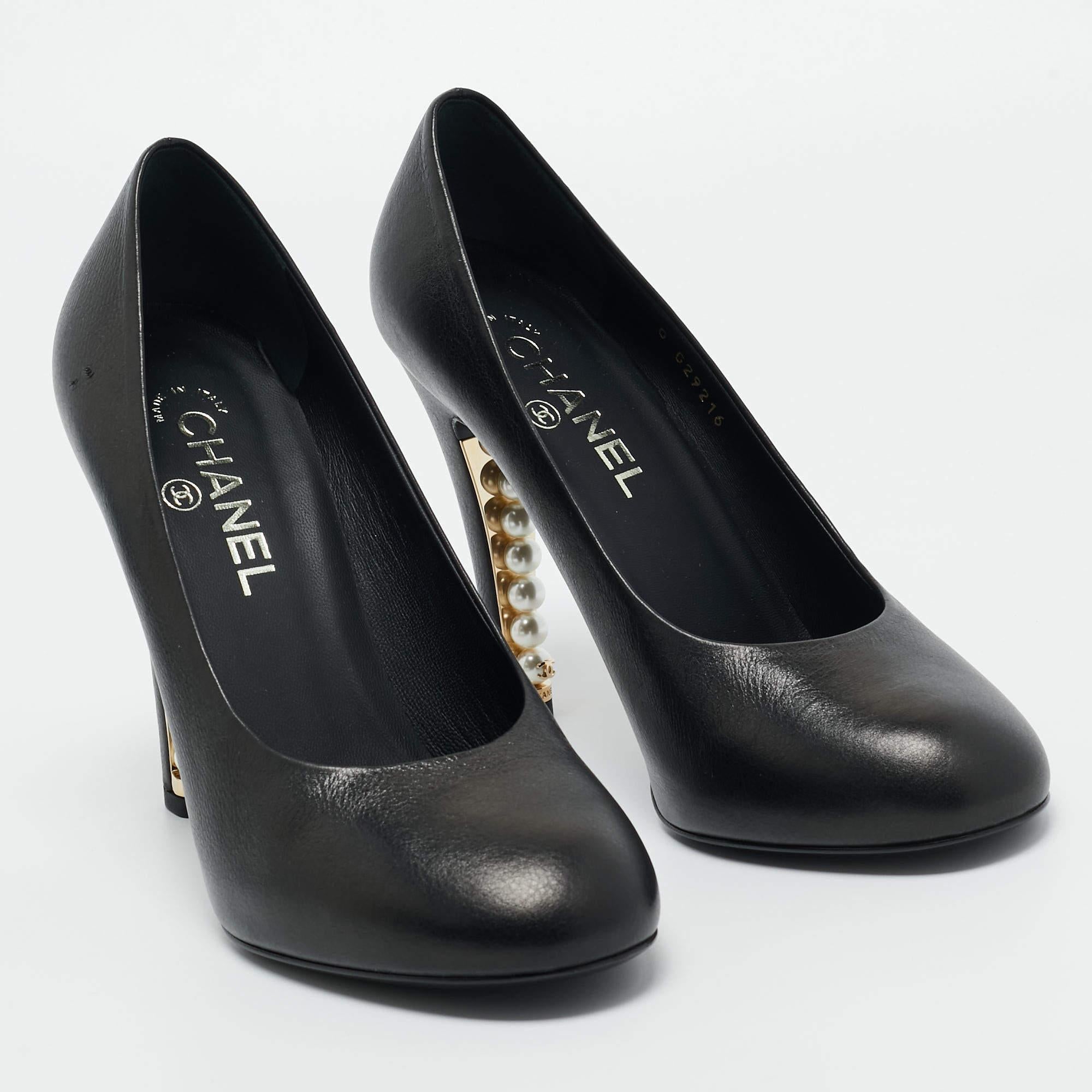 Chanel Black Leather CC Pearl Embellished Heel Pumps Size 39 4