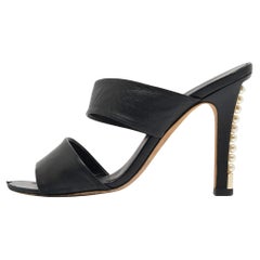 Chanel Black Leather CC Pearl Embellished Heel Slide Sandals Size 39