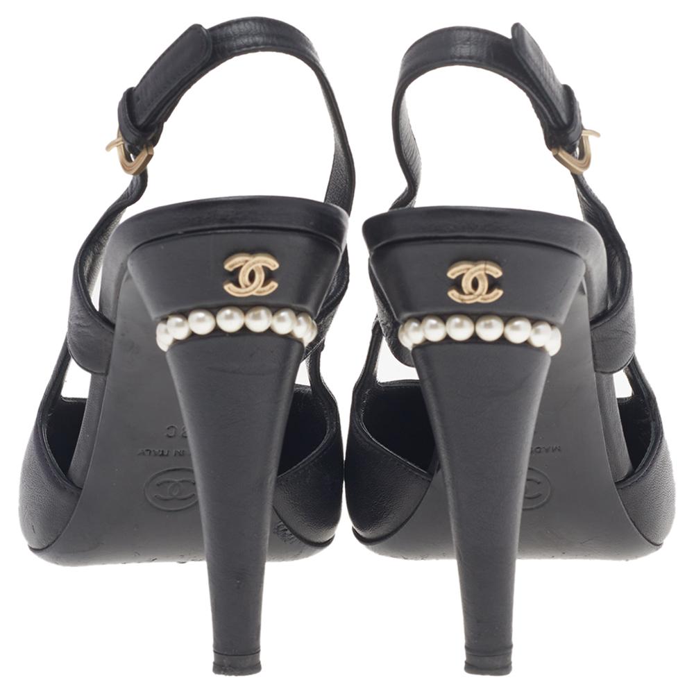 Chanel Black Leather CC Pearl Heel Pointed Toe Ankle Strap Sandals Size 38 2