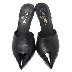Chanel Black Leather CC Pearl Heel Pointed Toe Mules Size 40
