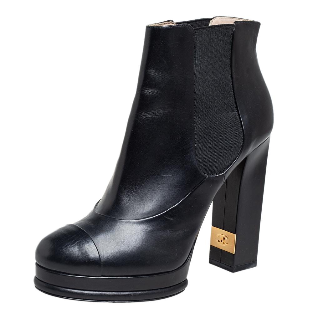 Women's Chanel Black Leather CC Platform Chelsea Boots Size 41