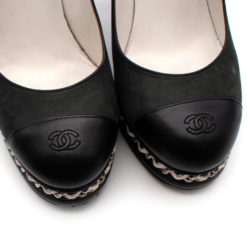 Chanel Black Leather CC Pumps with Chain Detail - Size 38 1