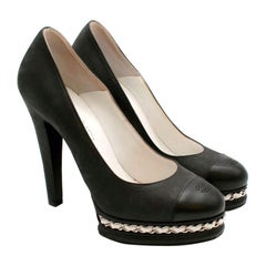 Chanel Black Leather CC Pumps with Chain Detail - Size 38