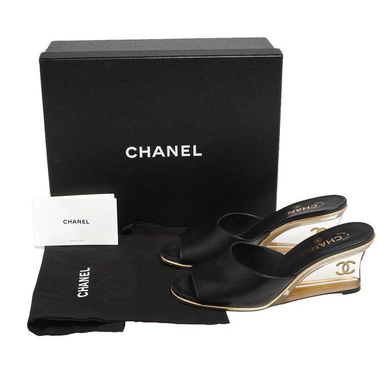 Chanel Black Leather CC Slide Wedge Sandals Size 39.5 at 1stDibs  chanel  clear slides, chanel black leather sandals, chanel clear mules