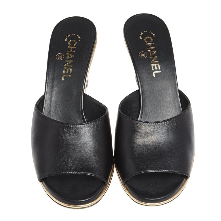 Chanel Black Leather CC Slide Wedge Sandals Size 39.5 at 1stDibs  chanel  clear slides, chanel black leather sandals, chanel clear mules