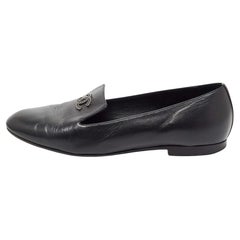 Chanel Black Leather CC Smoking Slippers Size 36
