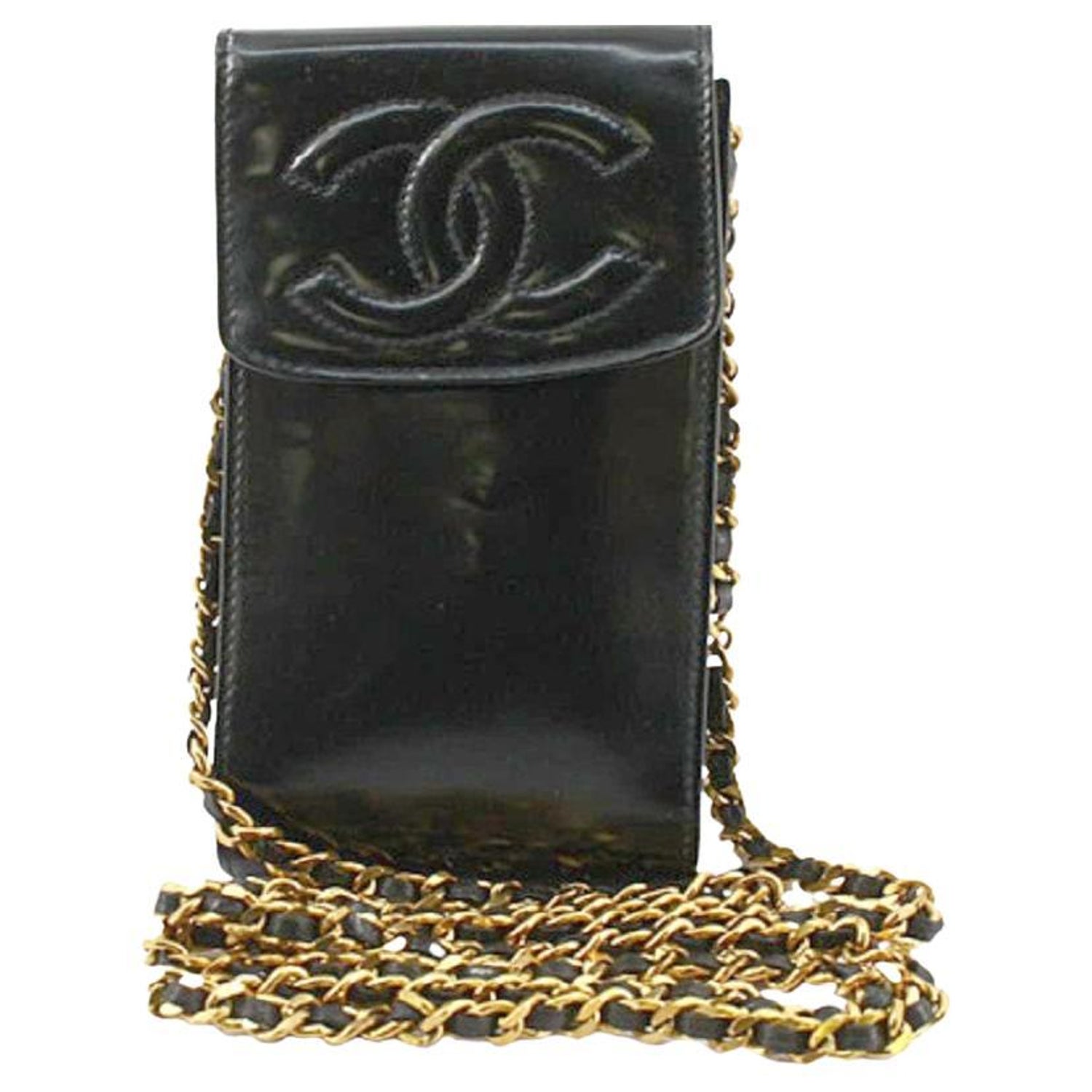 Chanel Black Leather CC Stitch Logo Phone Holder Chain