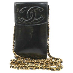 Chanel Black Leather CC Stitch Logo Phone Holder Chain Crossbody Bag