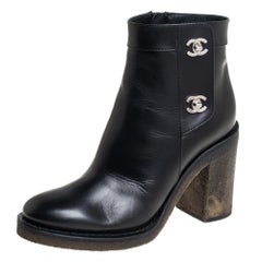 Chanel Black Leather CC Turnlock Ankle Boots Size 37.5