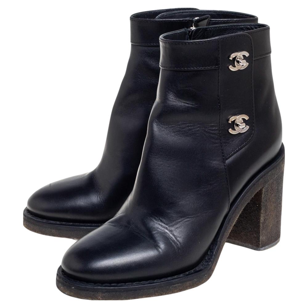 Chanel Black Leather CC Turnlock Ankle Boots Size 38 at 1stDibs