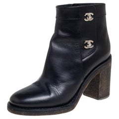 Chanel Black Leather CC Turnlock Ankle Boots Size 38
