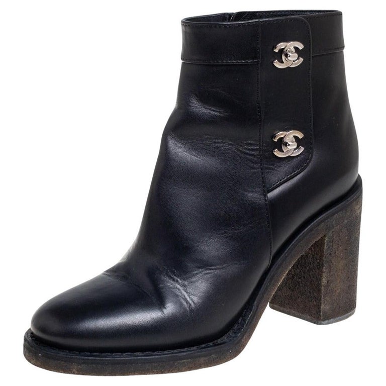 Chanel. Black Leather Ankle Boots With Wedge Heel. Rounded Toe. With  Reference Number. They Have