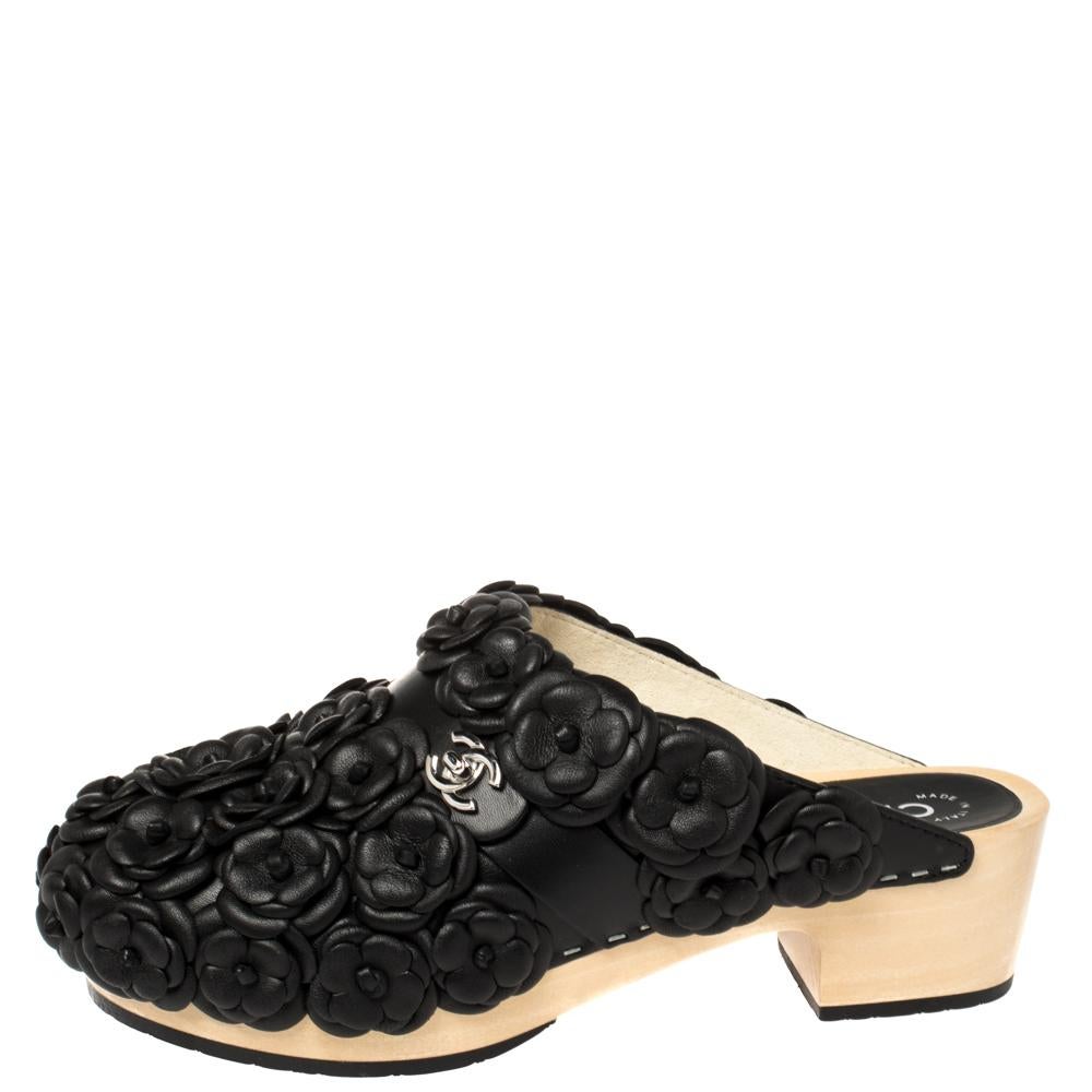 Chanel Black Leather CC Turnlock Camellia Wood Platform Mules Size 38 1