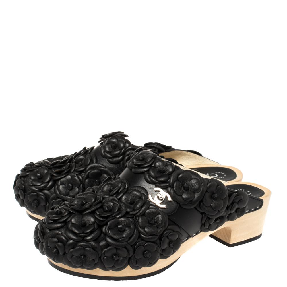 Chanel Black Leather CC Turnlock Camellia Wood Platform Mules Size 38 2