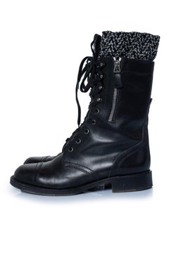 Chanel, Black leather cc tweed sock combat boots