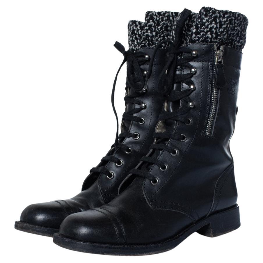 Chanel, Black leather cc tweed sock combat boots