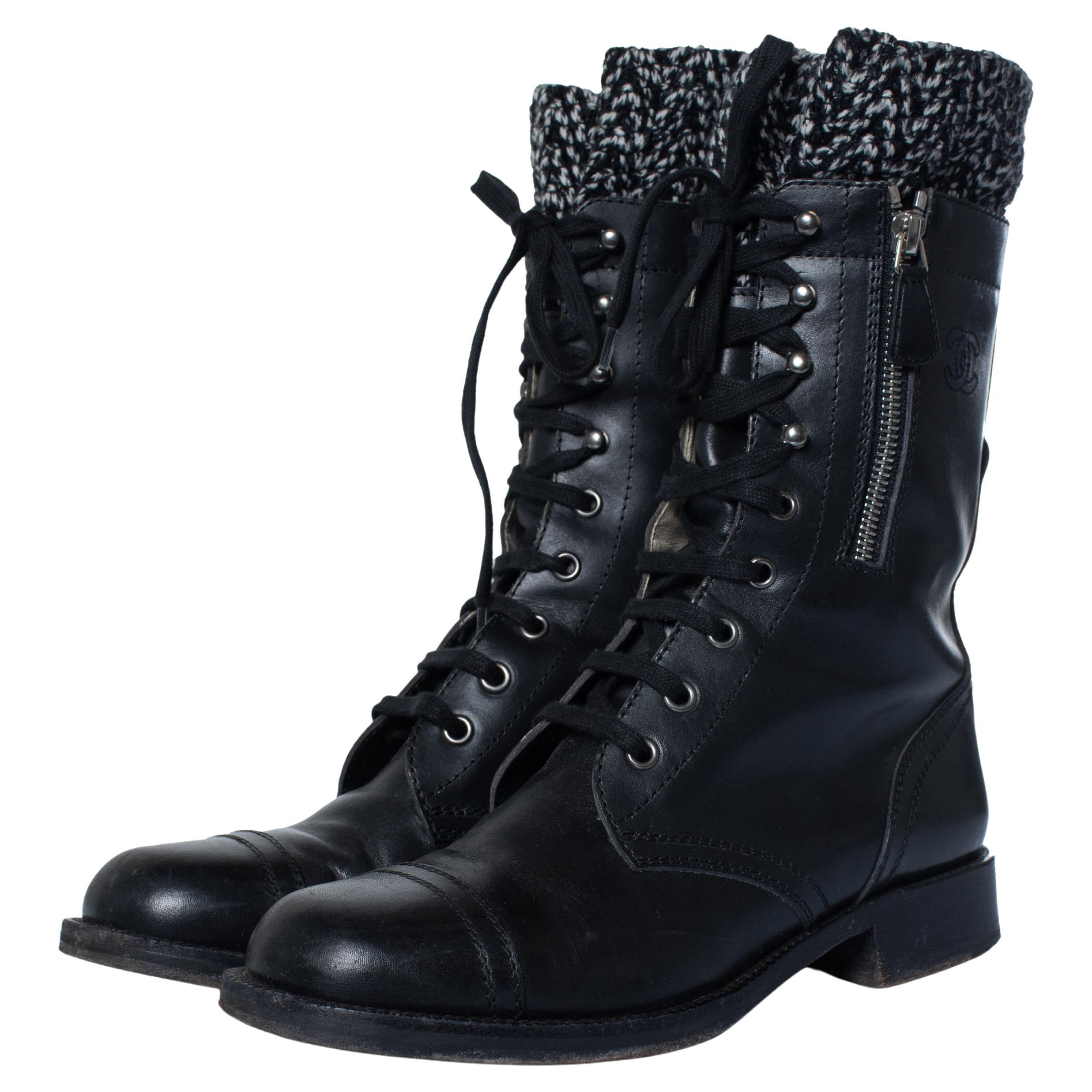 Chanel, Black leather cc tweed sock combat boots