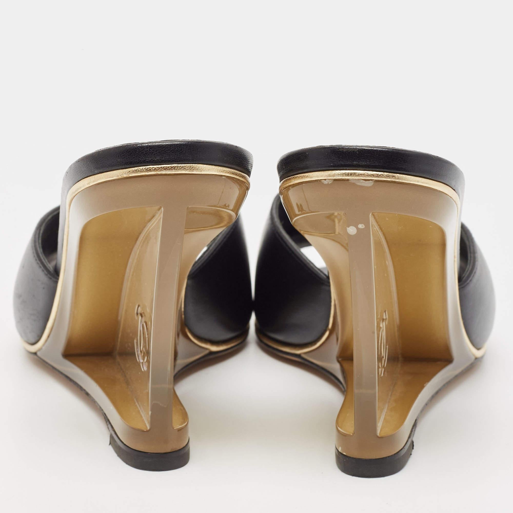 Chanel Black Leather CC Wedge Slide Sandals Size 40.5 2