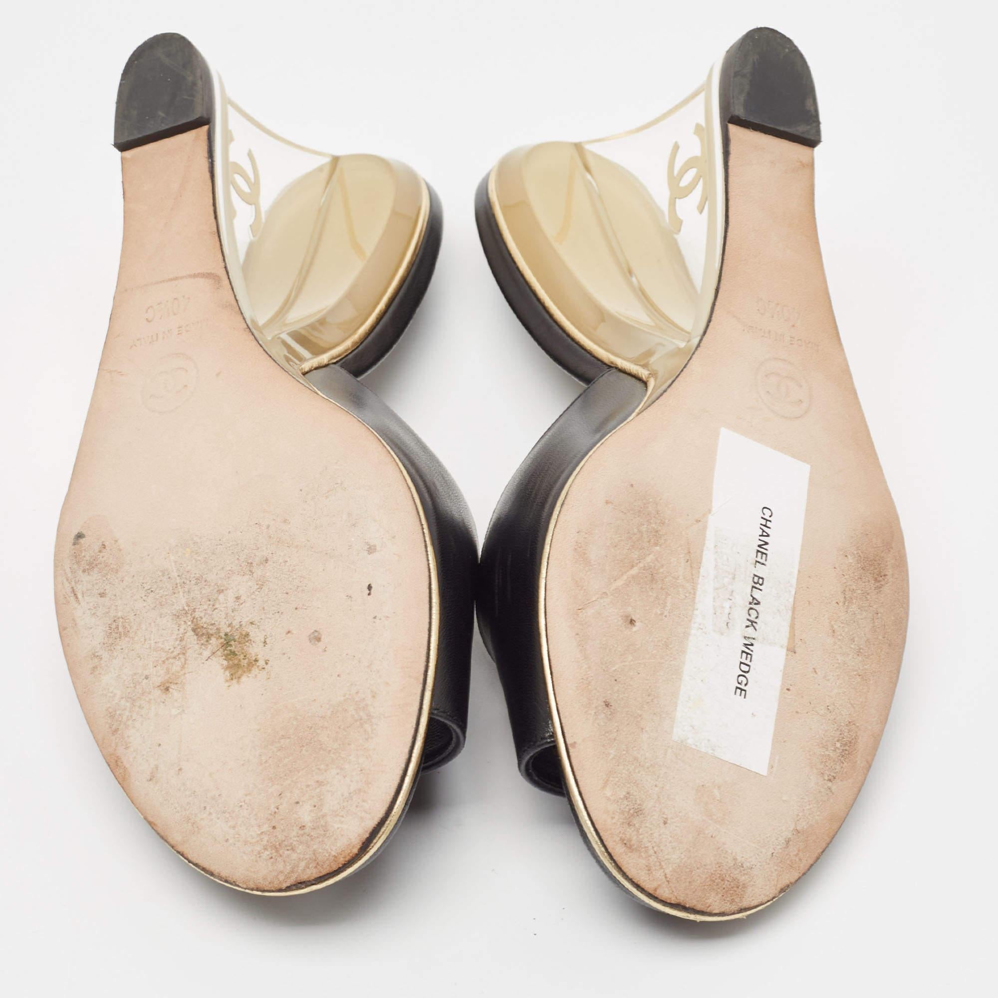 Chanel Black Leather CC Wedge Slide Sandals Size 40.5 3