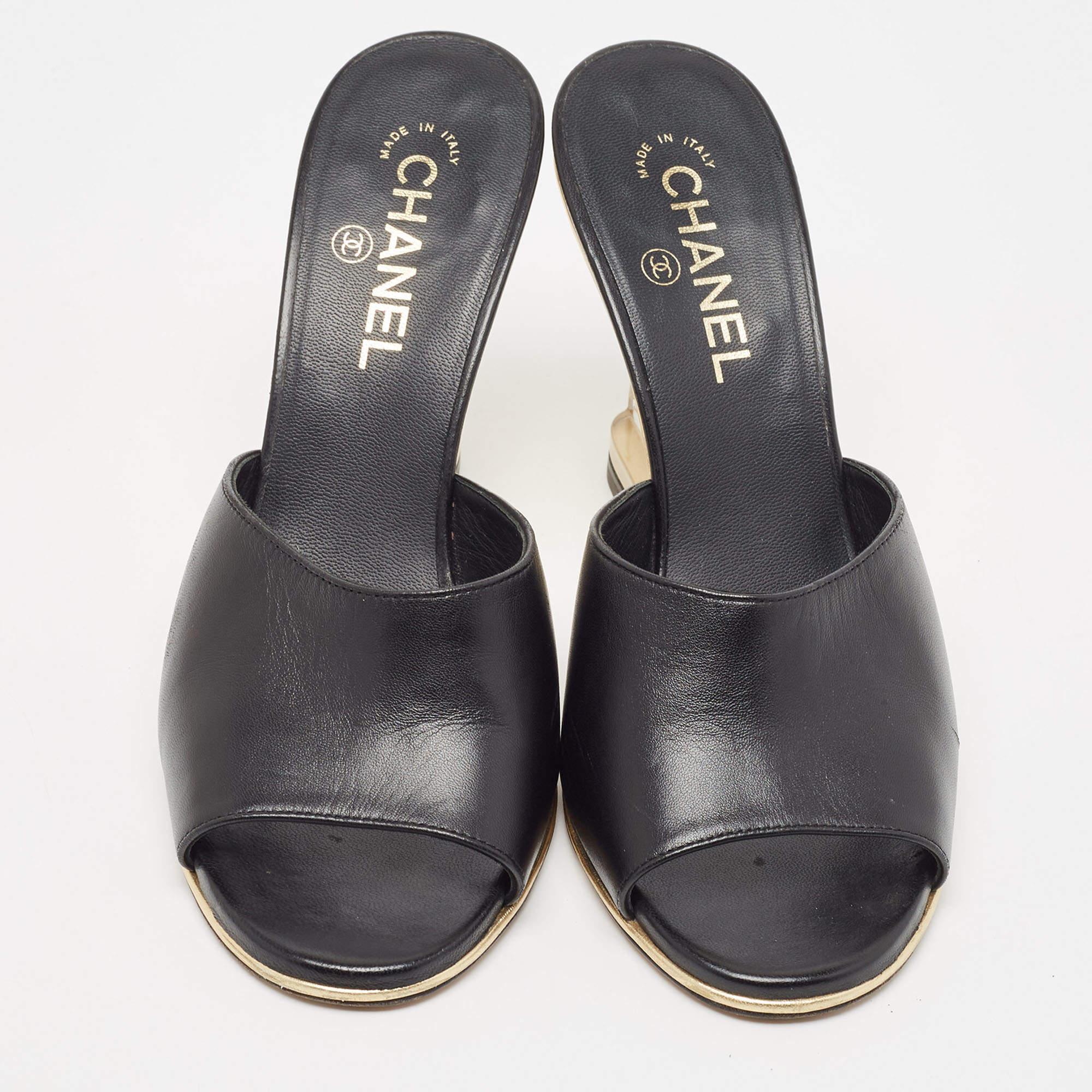 Chanel Black Leather CC Wedge Slide Sandals Size 40.5 4