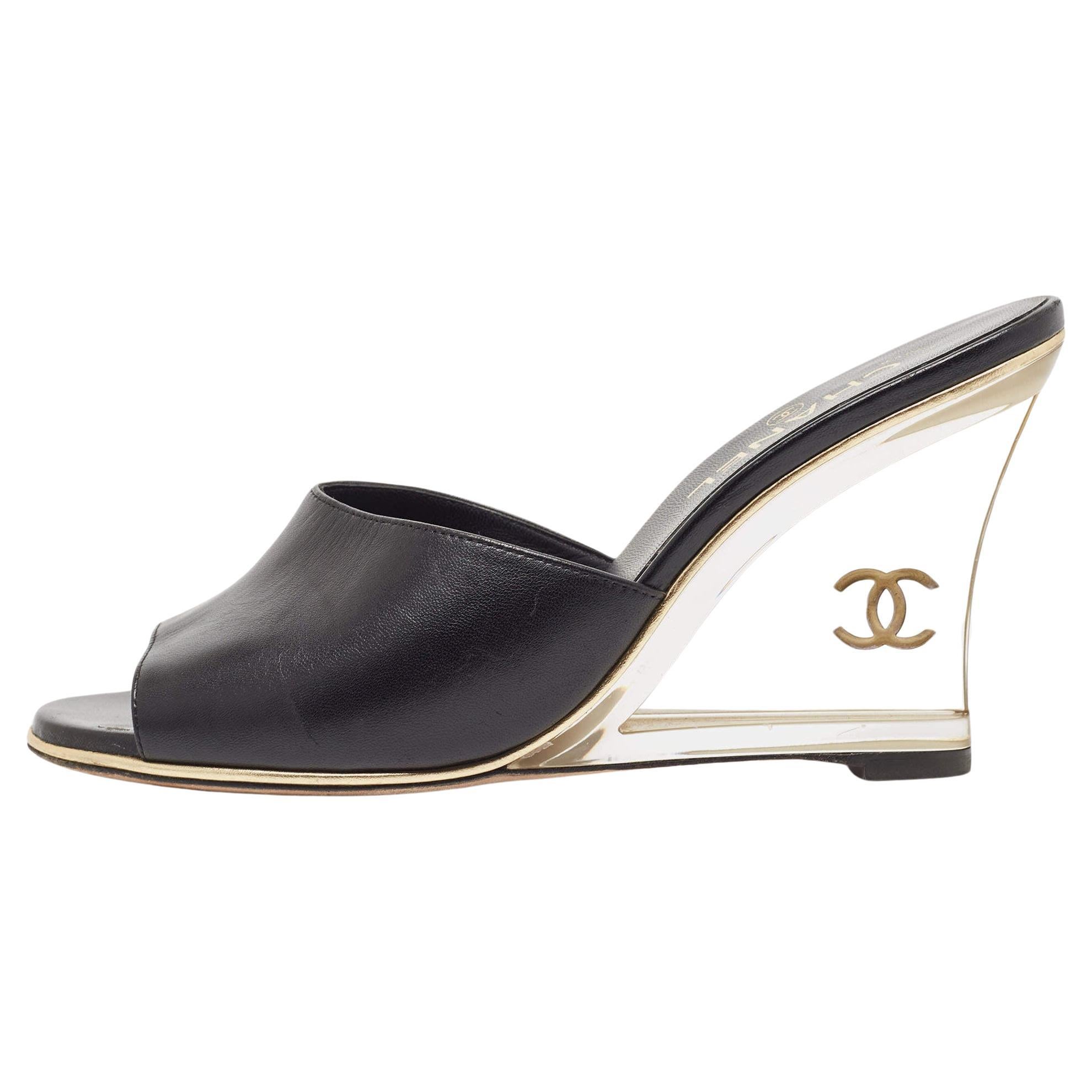 Chanel Black Leather CC Wedge Slide Sandals Size 40.5