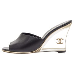 Chanel Black Leather CC Wedge Slide Sandals Size 40.5