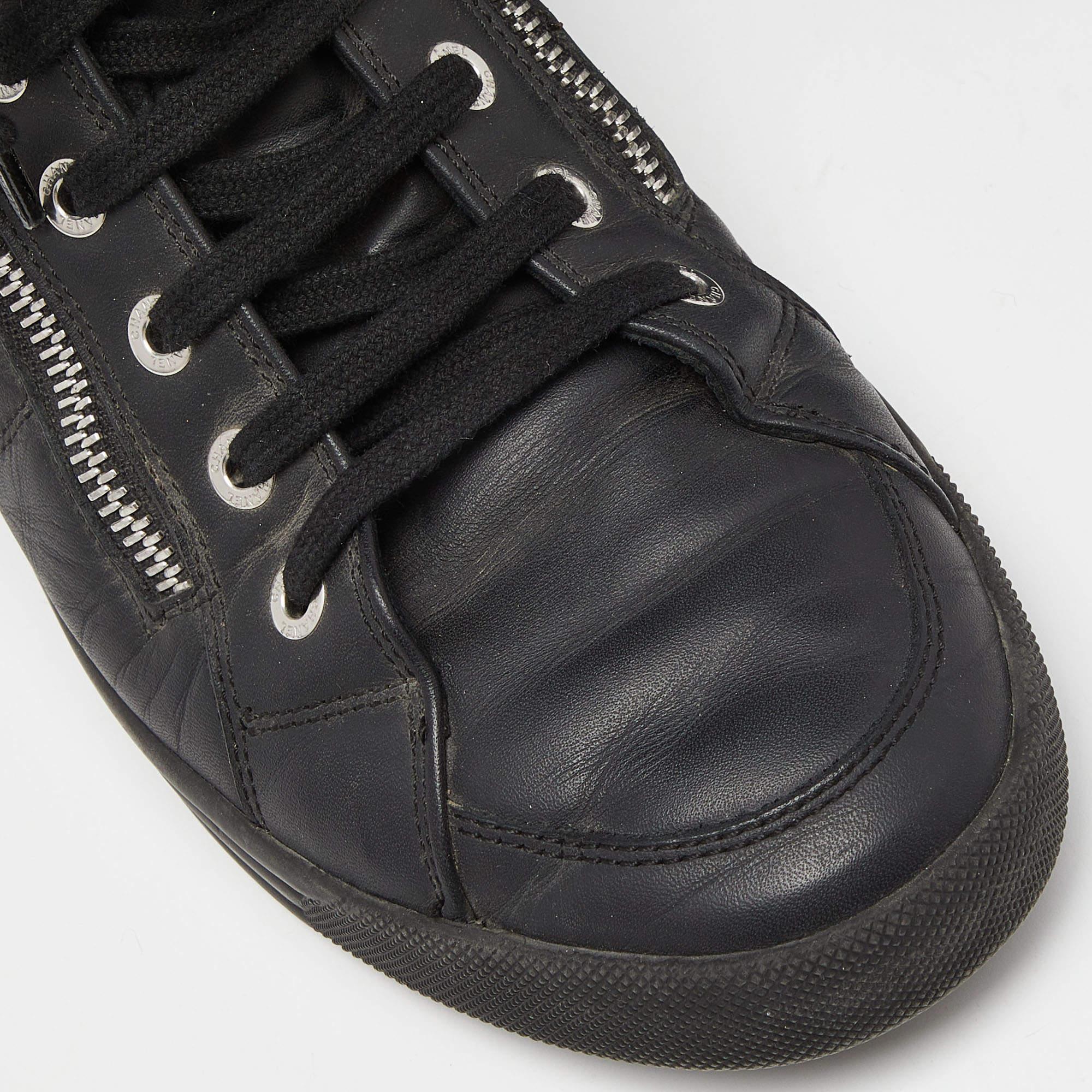 Chanel Black Leather CC Zip Link High Top Sneakers Size 39.5 2