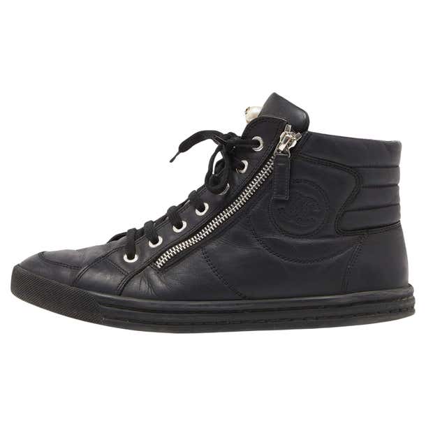 Chanel Black Leather CC Zip Link High Top Sneakers Size 39.5 For Sale ...