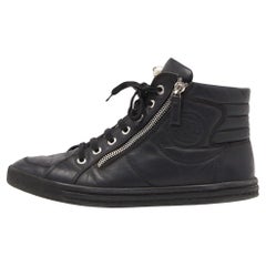 Chanel Black Leather CC Zip Link High Top Sneakers Size 39.5