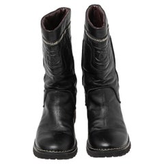 Chanel Black Leather CC Zipper Detail Moto Boots Size 39.5