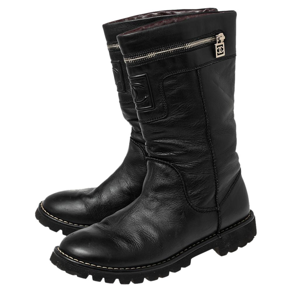 Chanel Black Leather CC Zipper Detail Moto Boots Size 39.5 1
