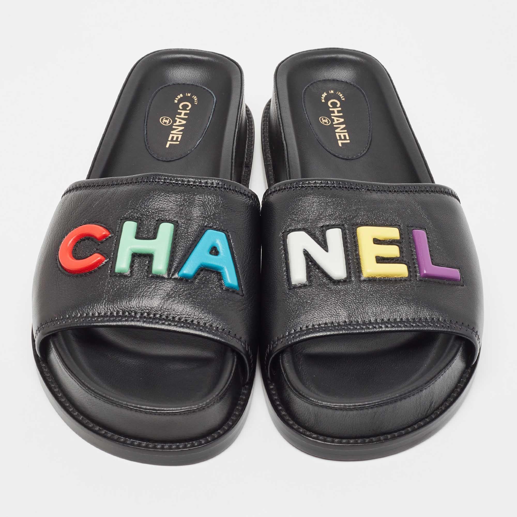 Women's Chanel Black Leather CHA NEL Letter Logo Flat Slides Size 40