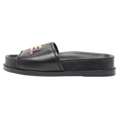 Chanel Black Leather CHA NEL Letter Logo Flat Slides Size 40