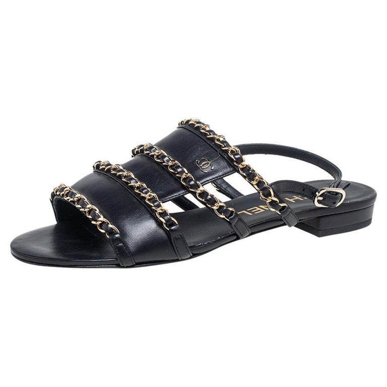 Chanel Black Leather Chain CC Flat Sandals Size 36.5 at 1stDibs