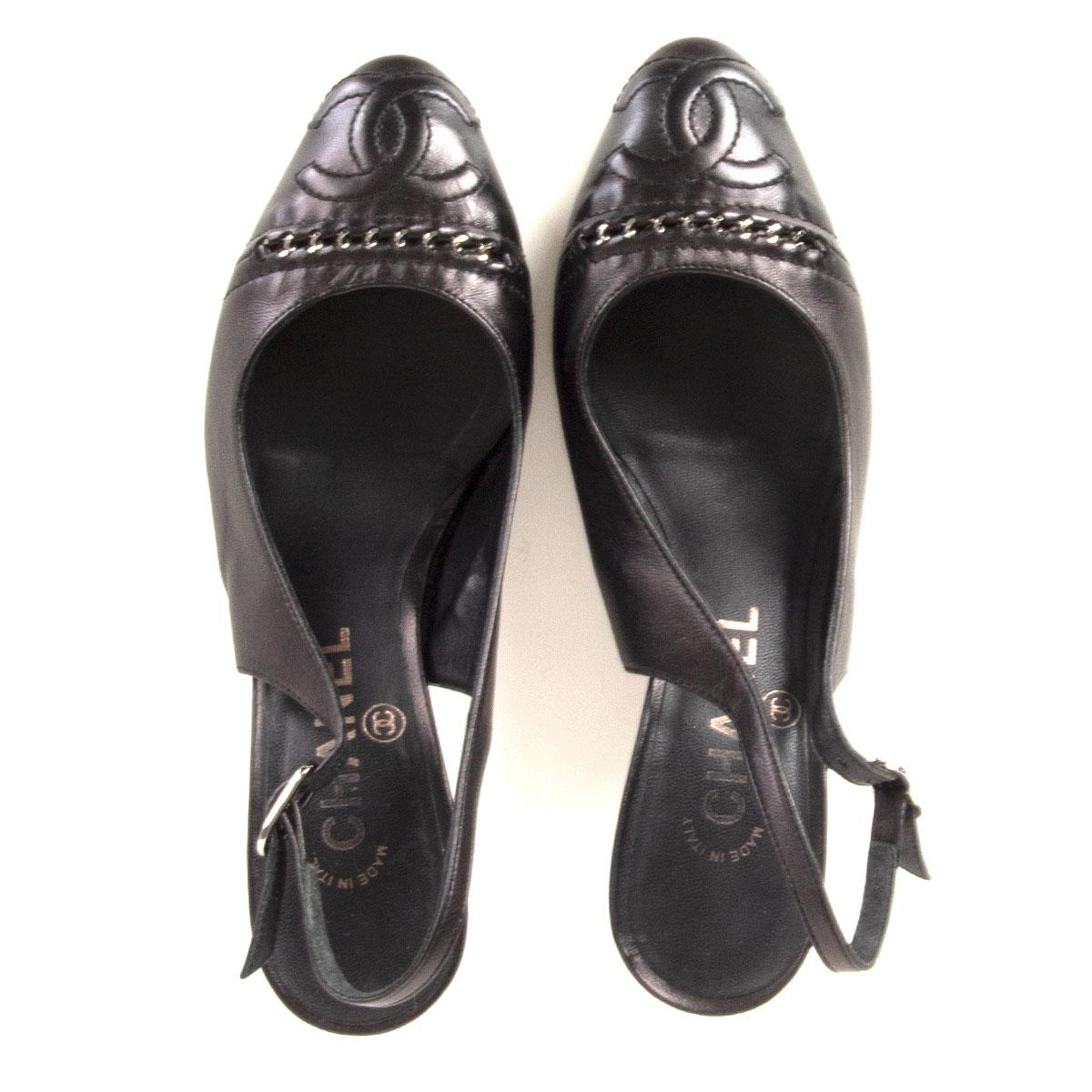 Black CHANEL black leather CHAIN CC Slingbacks Pumps Shoes 37
