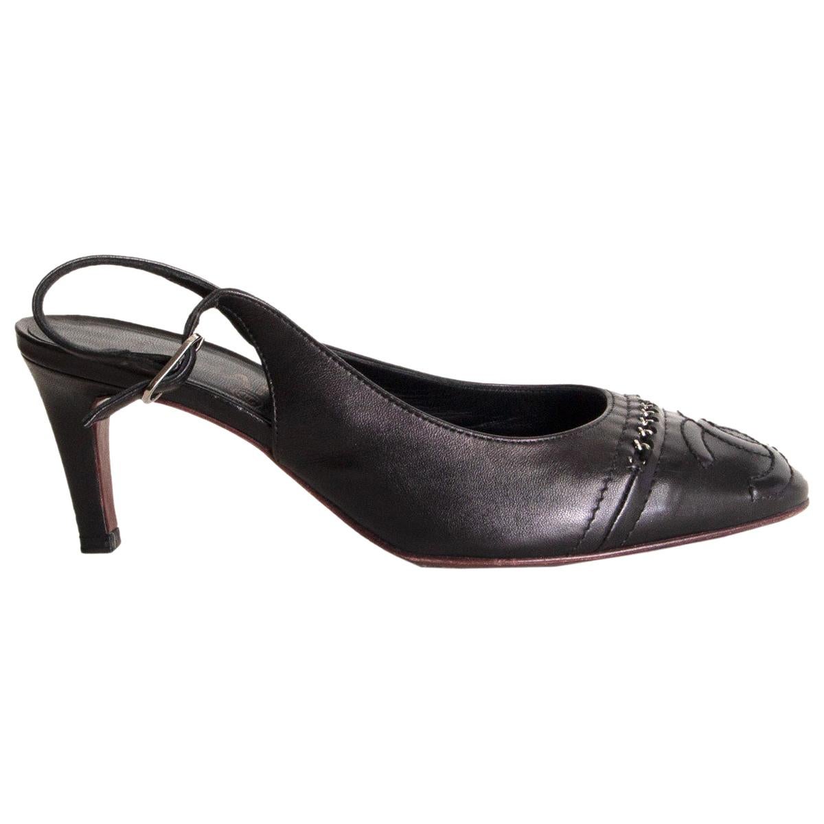CHANEL black leather CHAIN CC Slingbacks Pumps Shoes 37