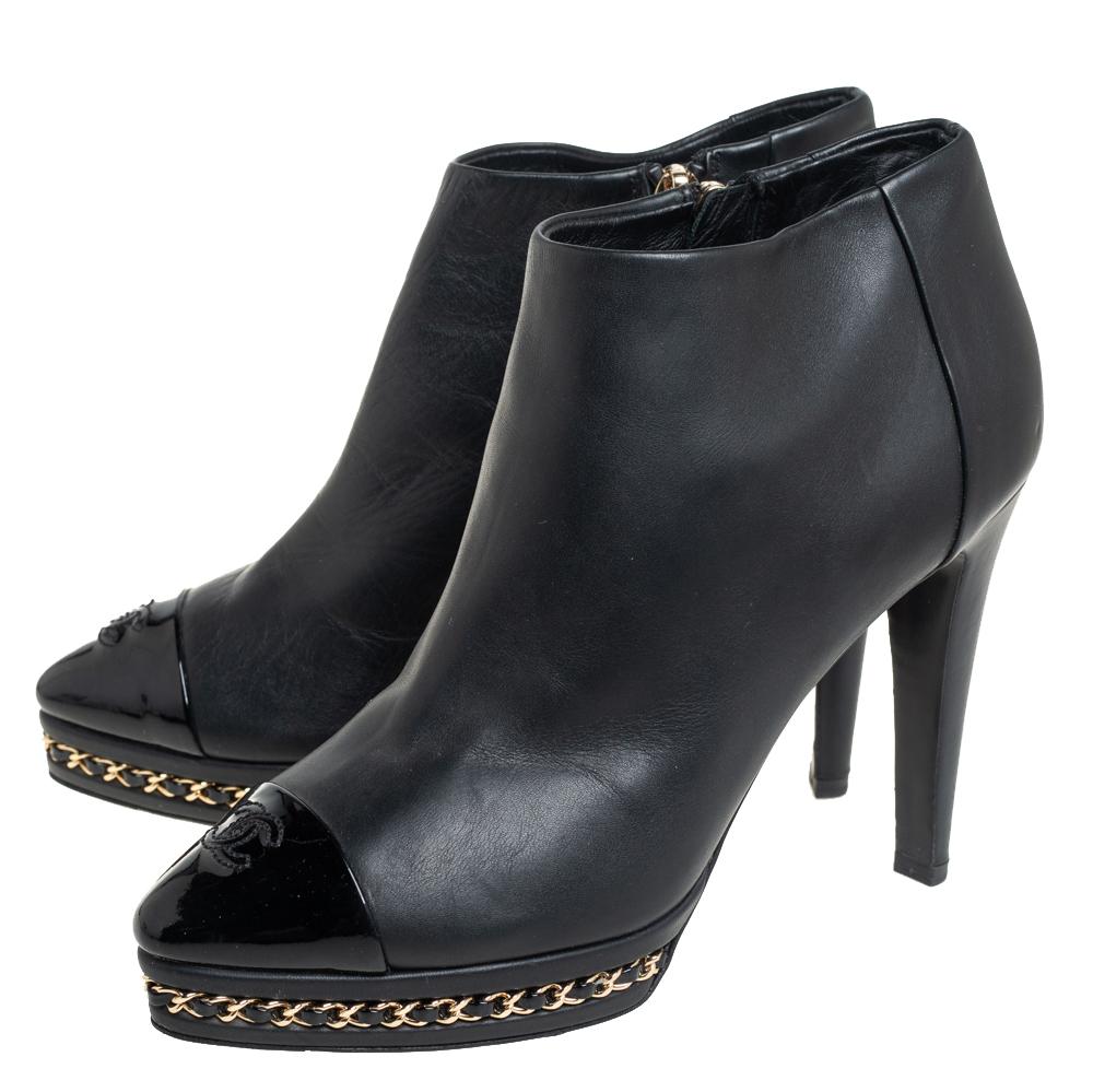 Chanel Black Leather Chain Embellished CC Cap Toe Ankle Boots ...