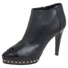 Chanel - CC Patent Cap Toe Suede Heel Ankle Boots Black 37,5