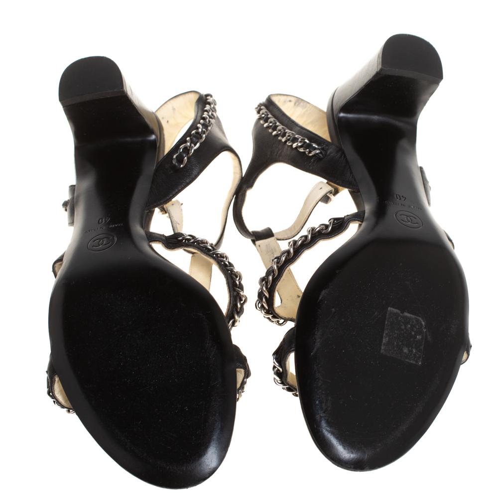 Chanel Black Leather Chain Embellished Sandals Size 40 2