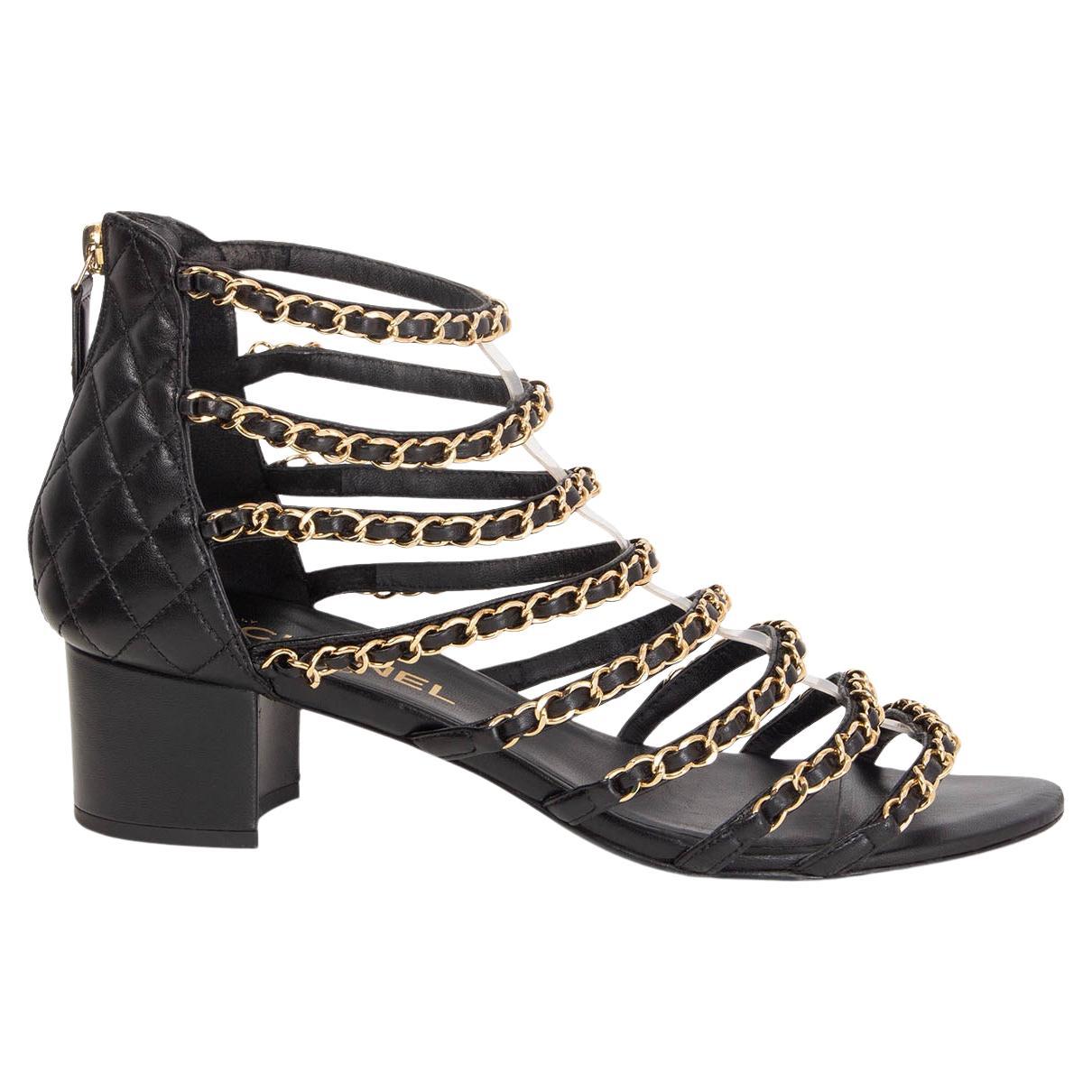 CHANEL black leather CHAIN GLADIATOR BLOCK HEEL Sandals Shoes 39