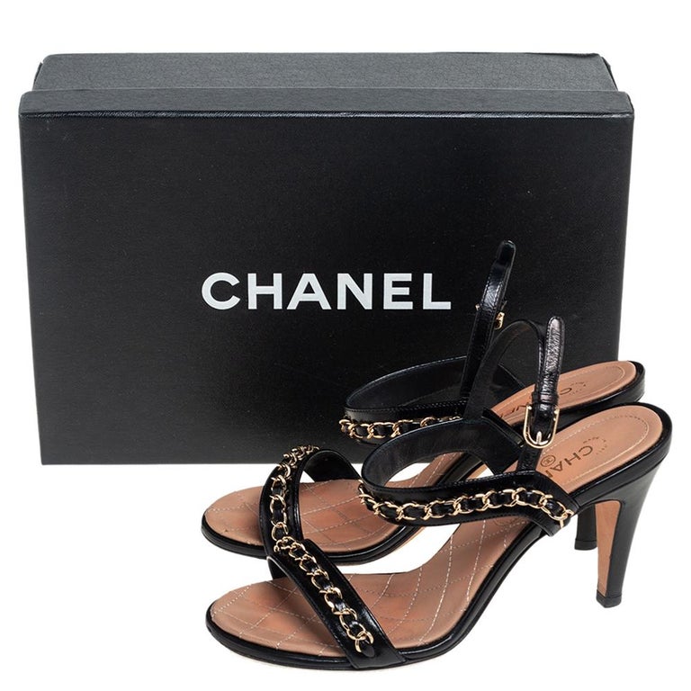 Chanel Black Leather Chain Link Ankle Strap Sandals Size 36