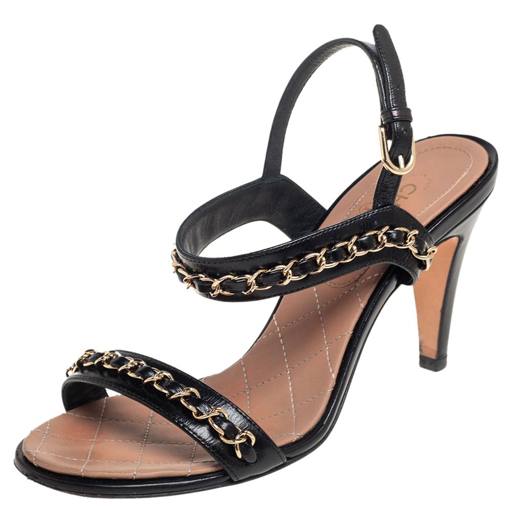 Chanel Black Leather Chain Link Ankle Strap Sandals Size 36 1