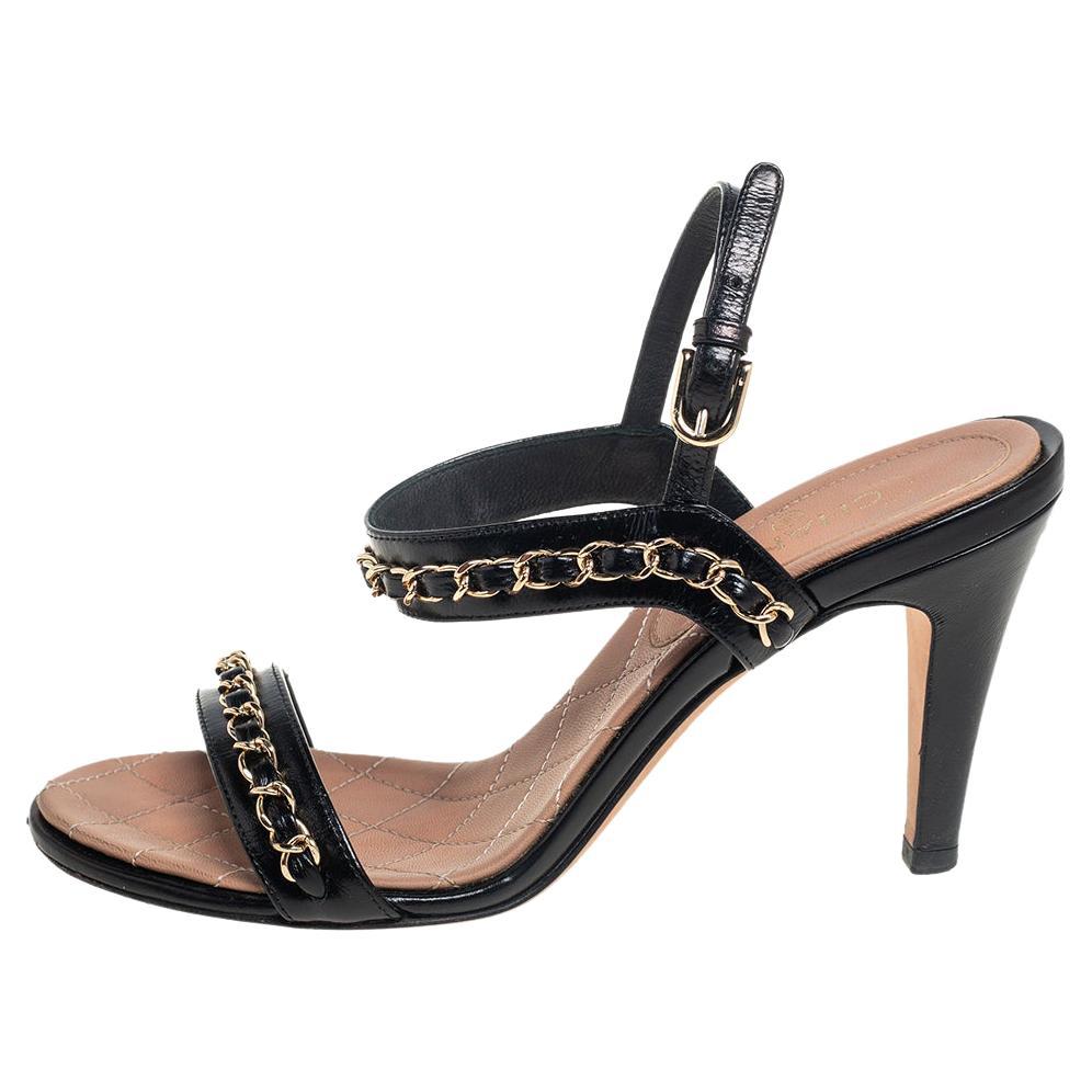 Chanel Black Leather Chain Link Ankle Strap Sandals Size 36