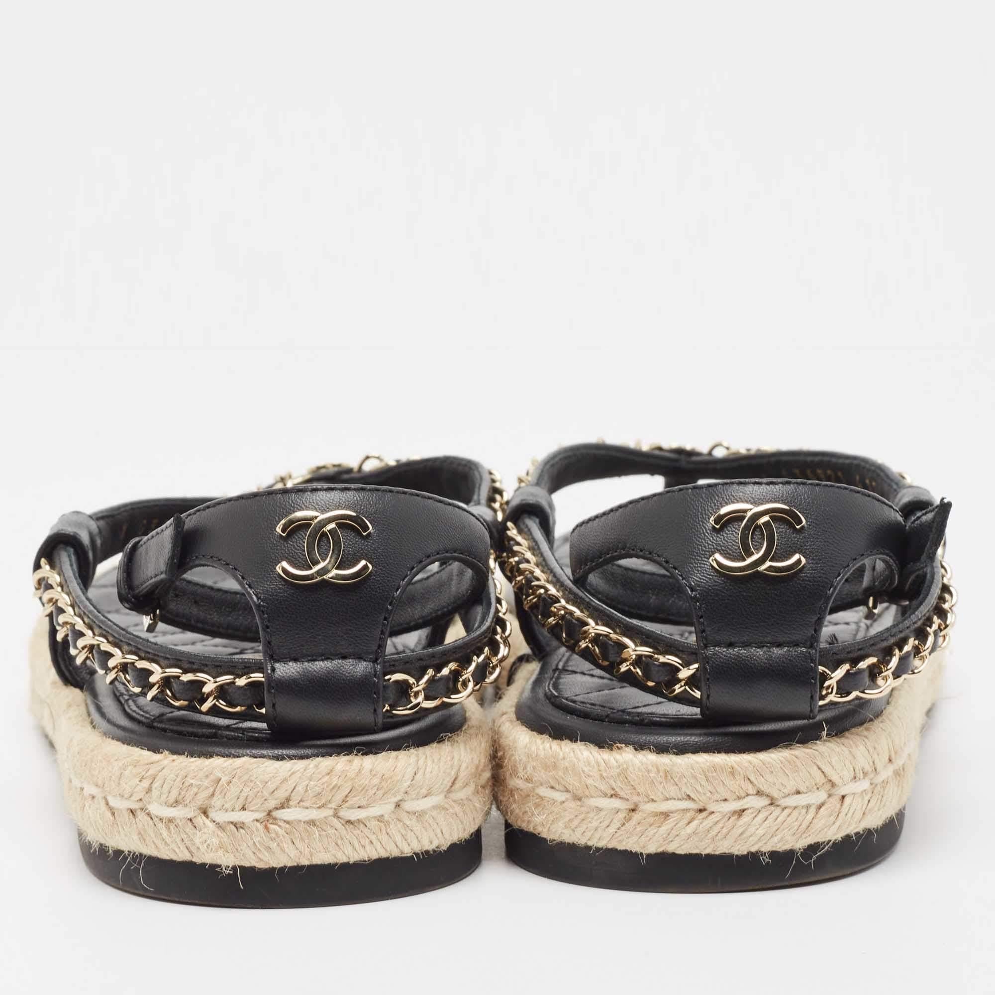 Chanel Black Leather Chain Link CC Espadrille Ankle Strap Thong Sandals Size 41 1