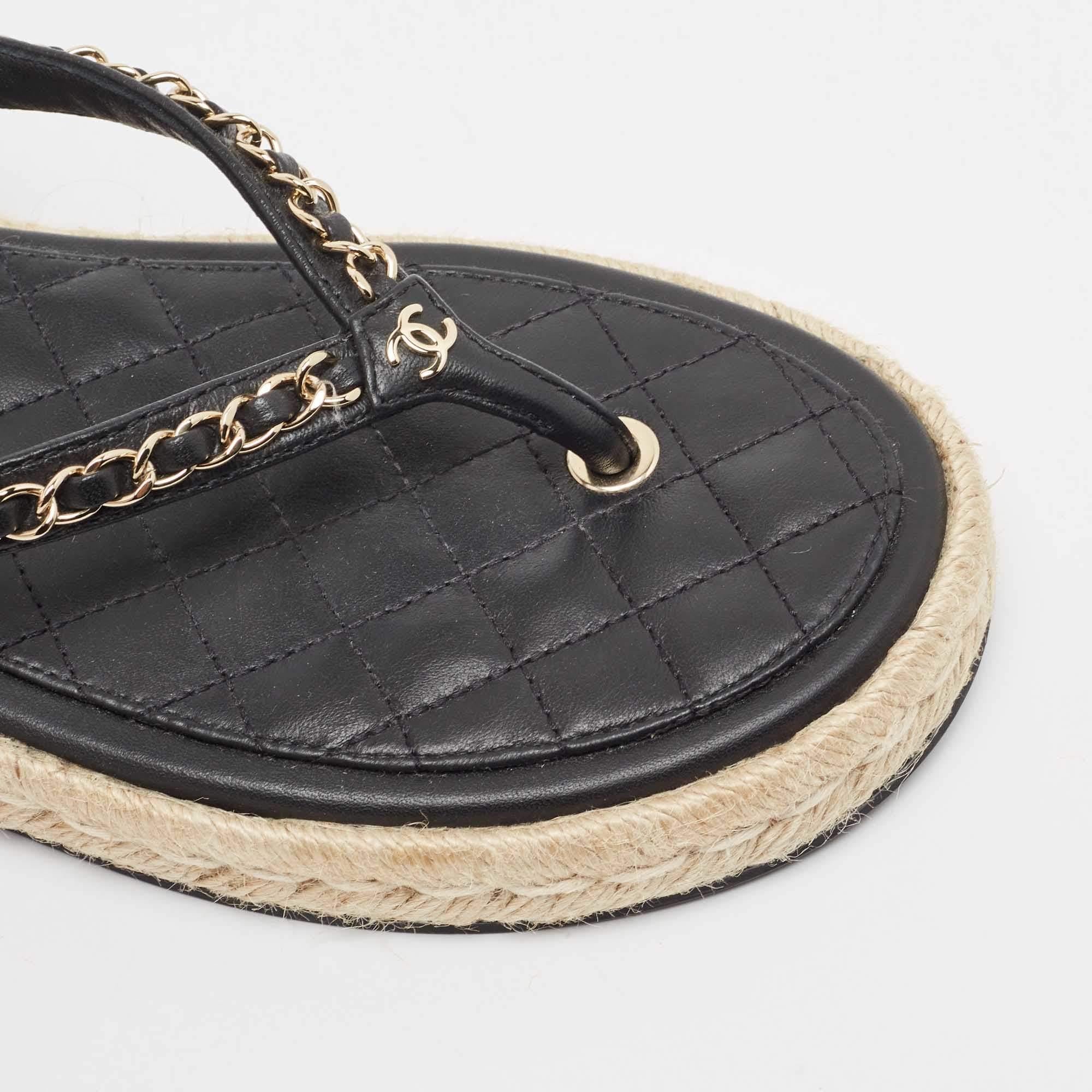 Chanel Black Leather Chain Link CC Espadrille Ankle Strap Thong Sandals Size 41 3