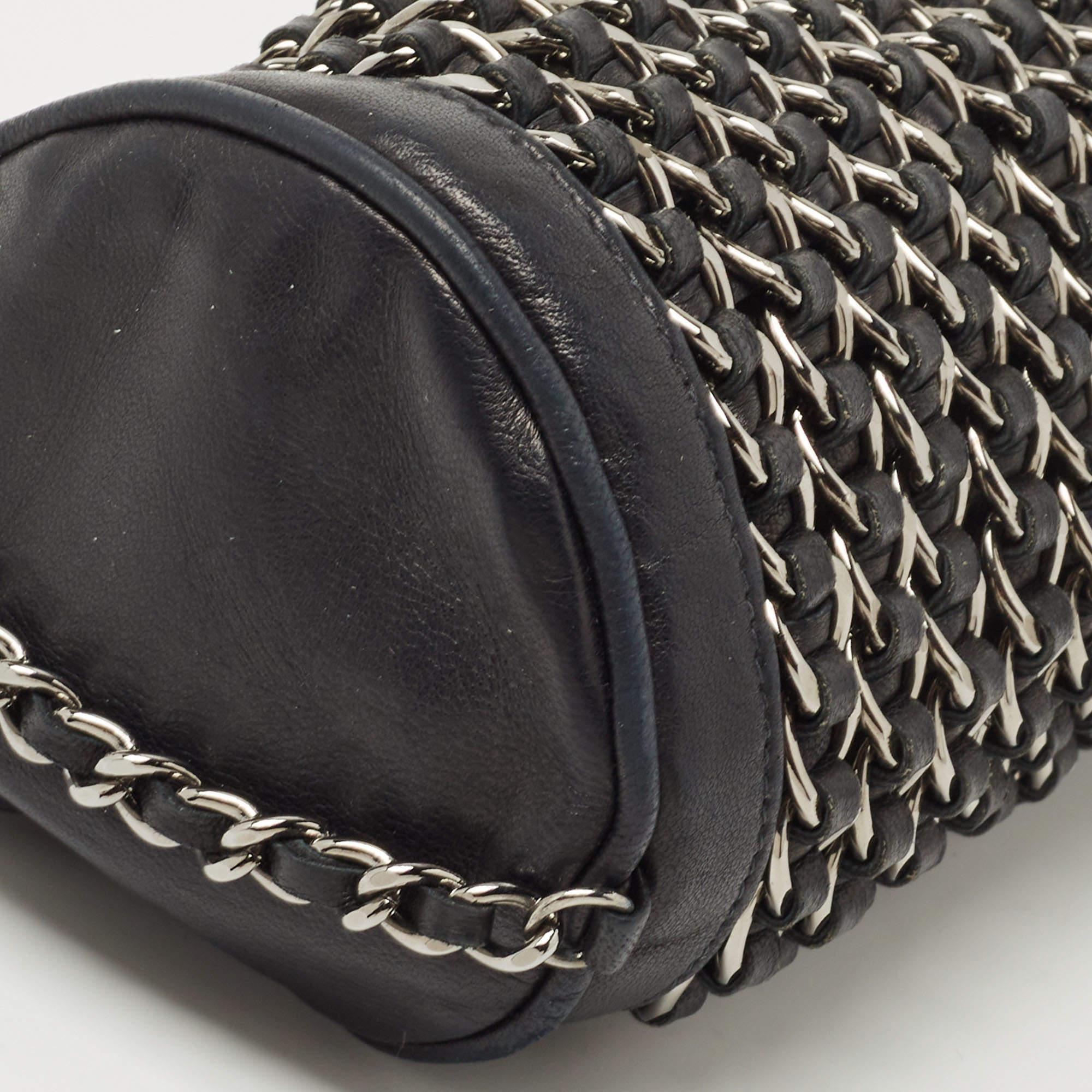 Chanel Black Leather Chain Links Barrel Clutch Bag 6