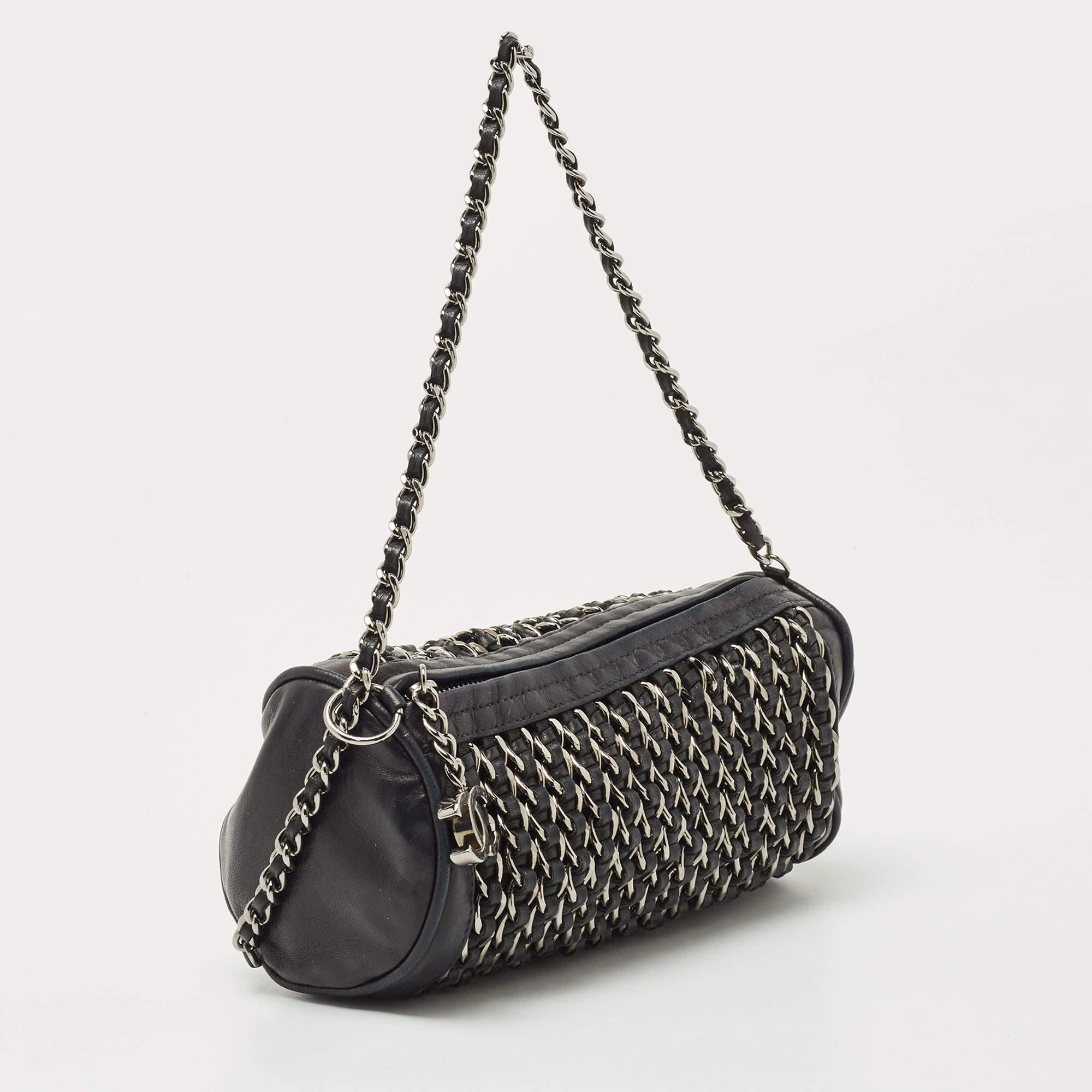 Women's Chanel Black Leather Chain Links Barrel Clutch Bag