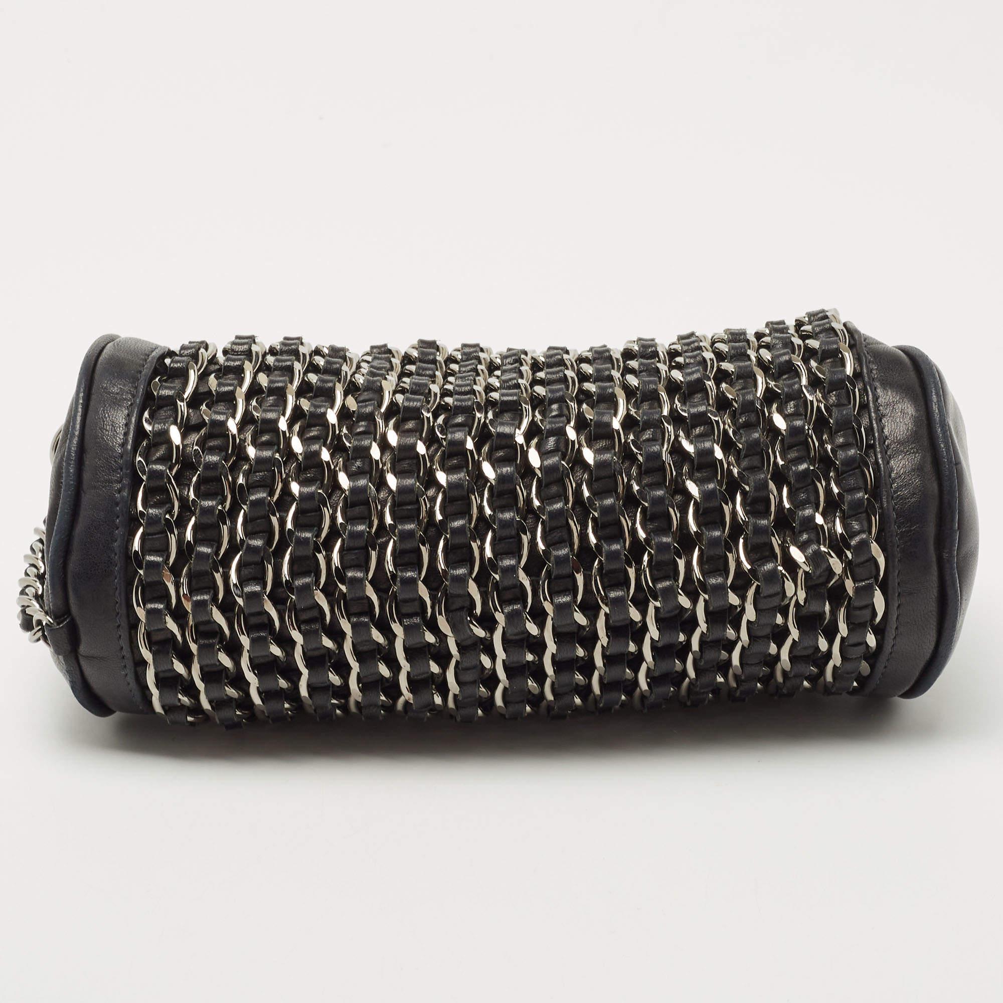 Chanel Black Leather Chain Links Barrel Clutch Bag 1