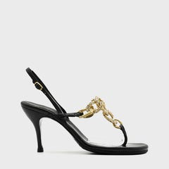 Chanel Black Leather Chain Sandals with Rhinestones, Circa 2000