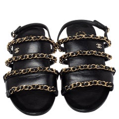 Chanel Black Leather Chain Slingback Sandals Size 36